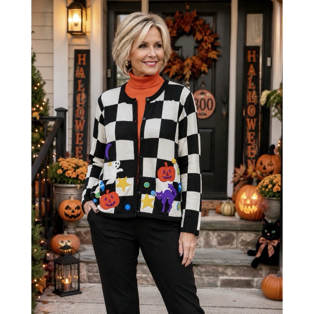 Vintage Marisa Christina Halloween Cardigan Women's M Checkerboard Cat Pumpkin